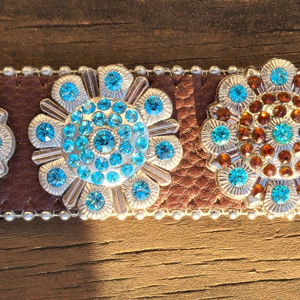 Unique western brown leather rhinestone and turquoise embellished belt